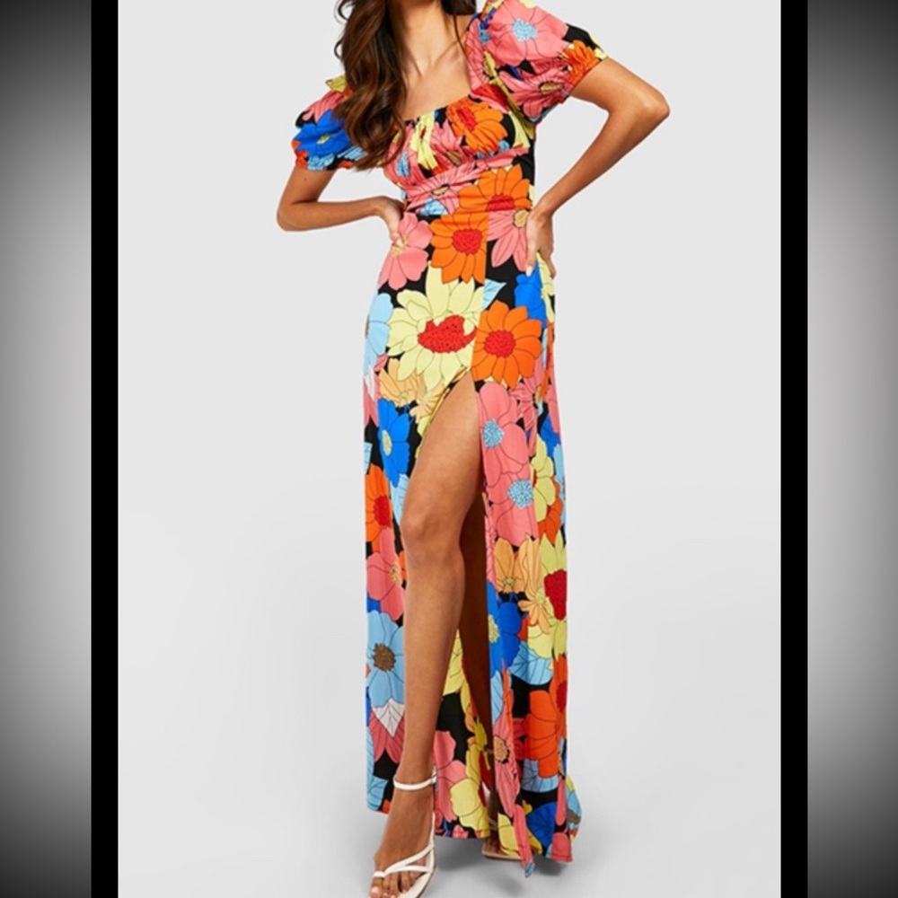 Boohoo Bold Floral Puff Sleeves Maxi Dress Size 10 NWT